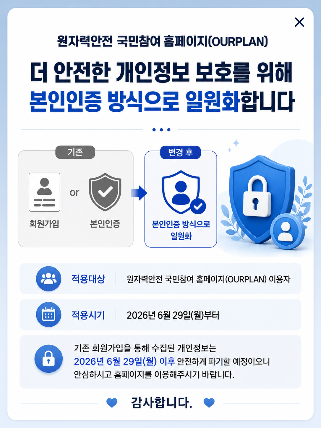 개인정보 보호를 위한 홈페이지 활용 방법 일원화 안내